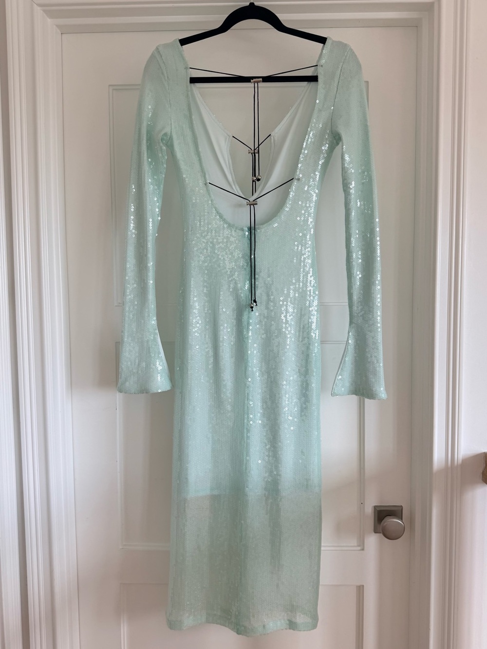NWT Mew Mews Teal Mint Sian Long Sleeve Sequin Backless Maxi Dress Womens XS - Picture 2 of 6